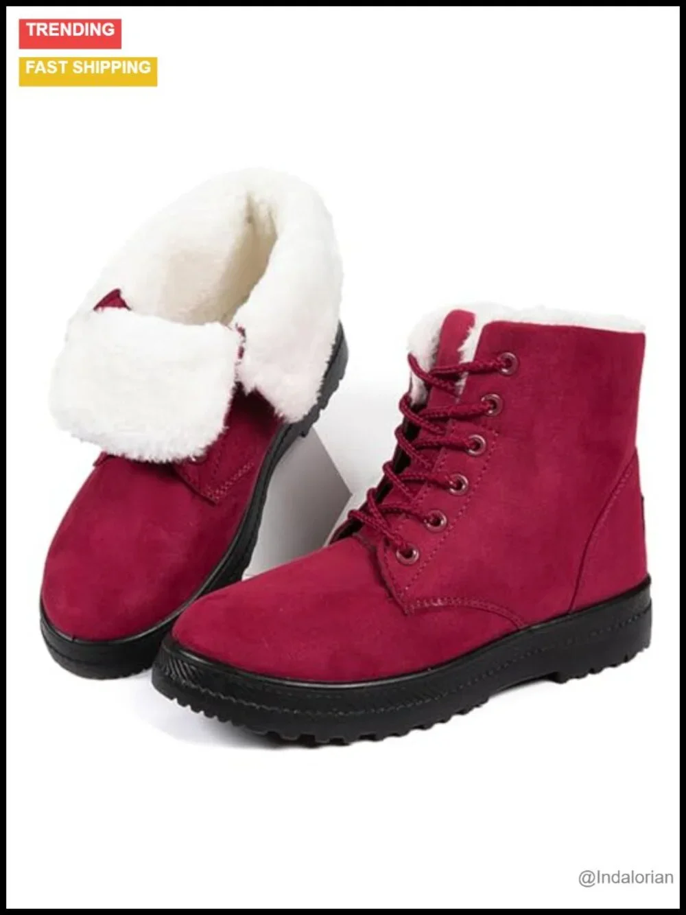 Fur Lined Snow Boots Ankle Booties Suede Lace Up Winter Shoes Non-Slip